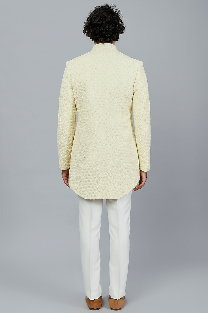 Lime Embroidered Groom Bandhgala Set by LABEL CRESTELLI at Pernia's Pop Up Shop
