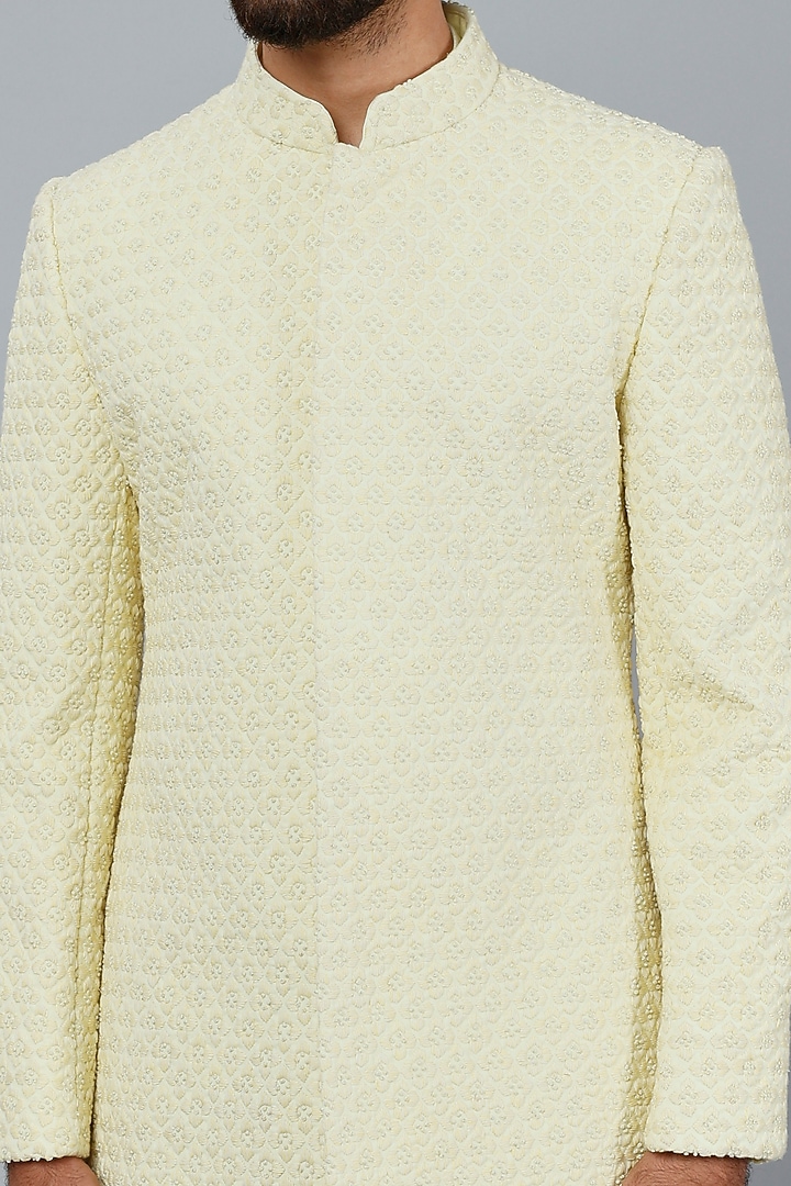 Lime Embroidered Groom Bandhgala Set by LABEL CRESTELLI at Pernia's Pop Up Shop