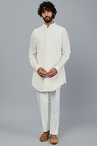 Ivory Hand Embroidered Bandhgala Set by LABEL CRESTELLI