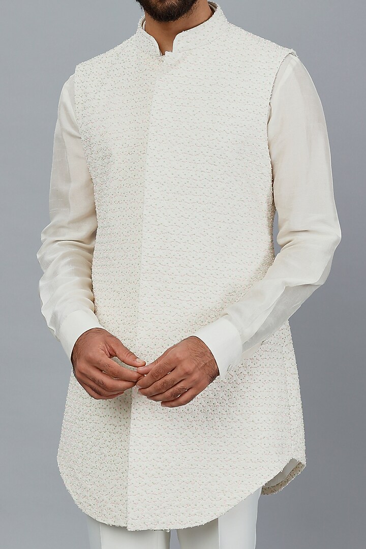 Ivory Hand Embroidered Groom Bandhgala Set by LABEL CRESTELLI at Pernia's Pop Up Shop