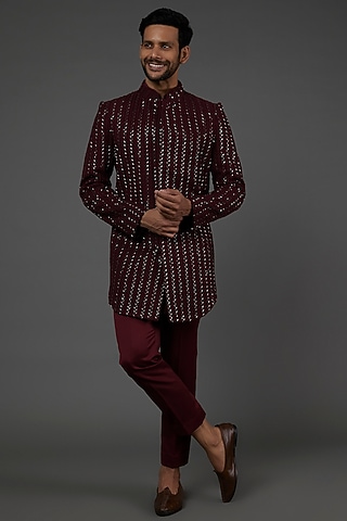 Maroon Embroidered Bandhgala Jacket Set by LABEL CRESTELLI