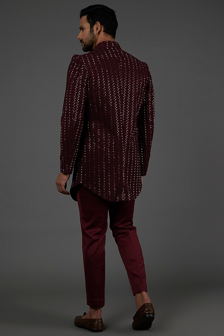 Maroon Embroidered Groom Bandhgala Jacket Set by LABEL CRESTELLI at Pernia's Pop Up Shop