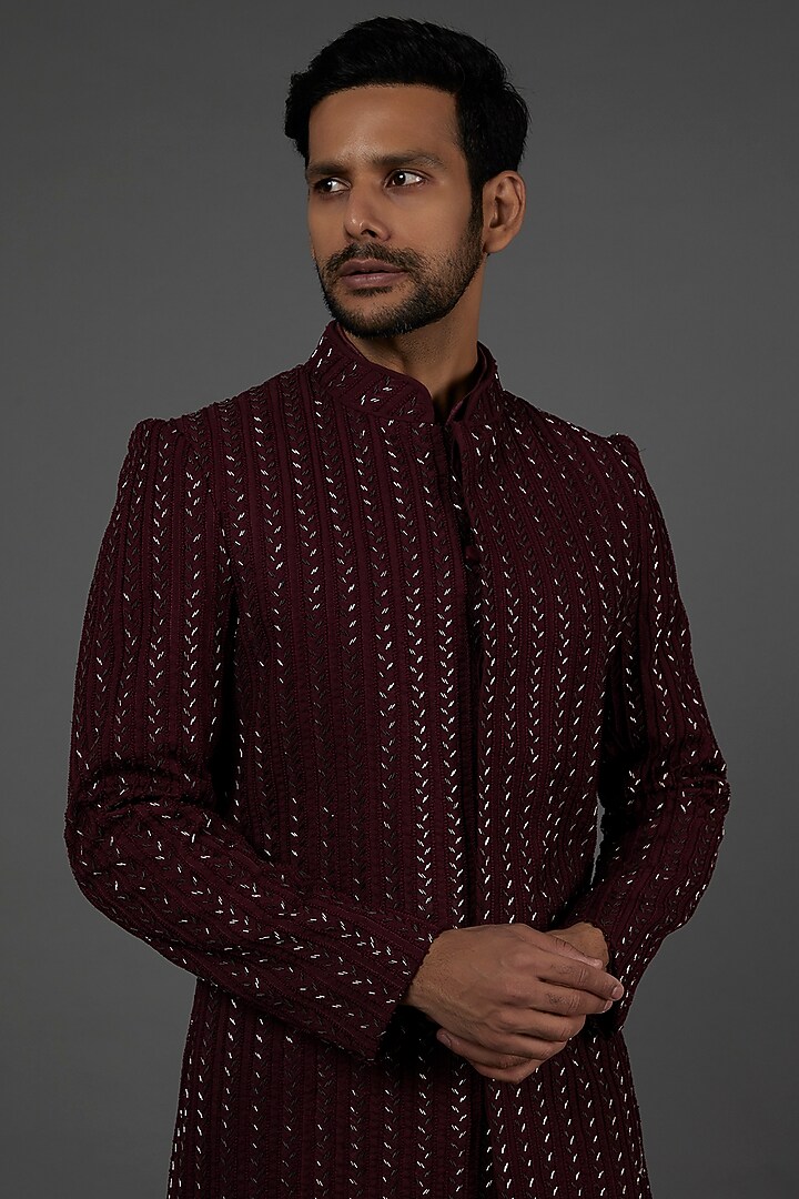 Maroon Embroidered Groom Bandhgala Jacket Set by LABEL CRESTELLI at Pernia's Pop Up Shop