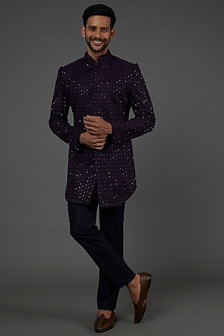 Purple Embroidered Bandhgala Jacket Set by LABEL CRESTELLI