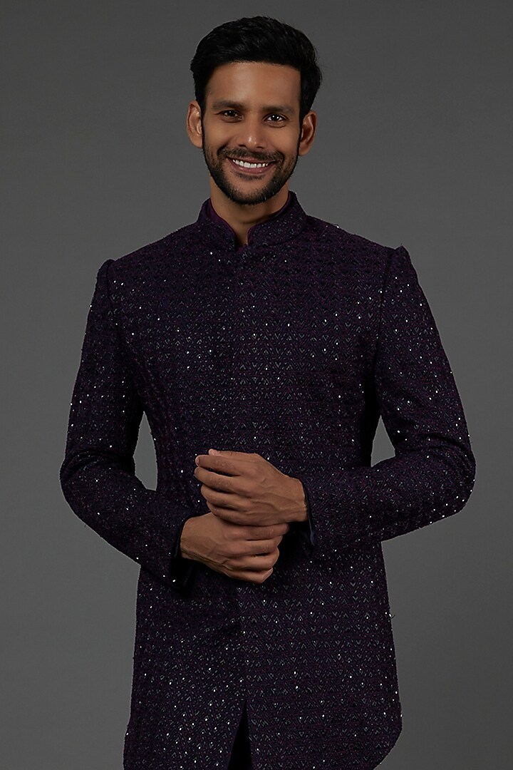 Purple Embroidered Bandhgala Jacket Set by LABEL CRESTELLI at Pernia's Pop Up Shop