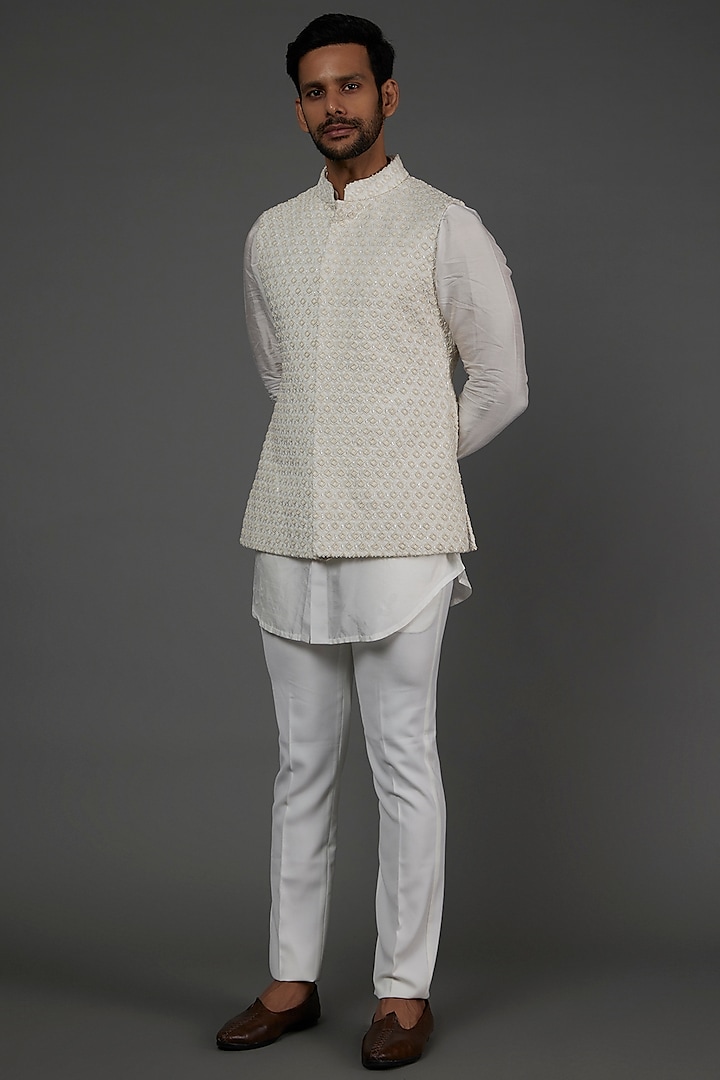 Ivory Embroidered Bundi Jacket by LABEL CRESTELLI