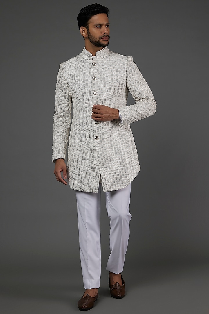 Ivory Embroidered Bandhgala Jacket Set by LABEL CRESTELLI