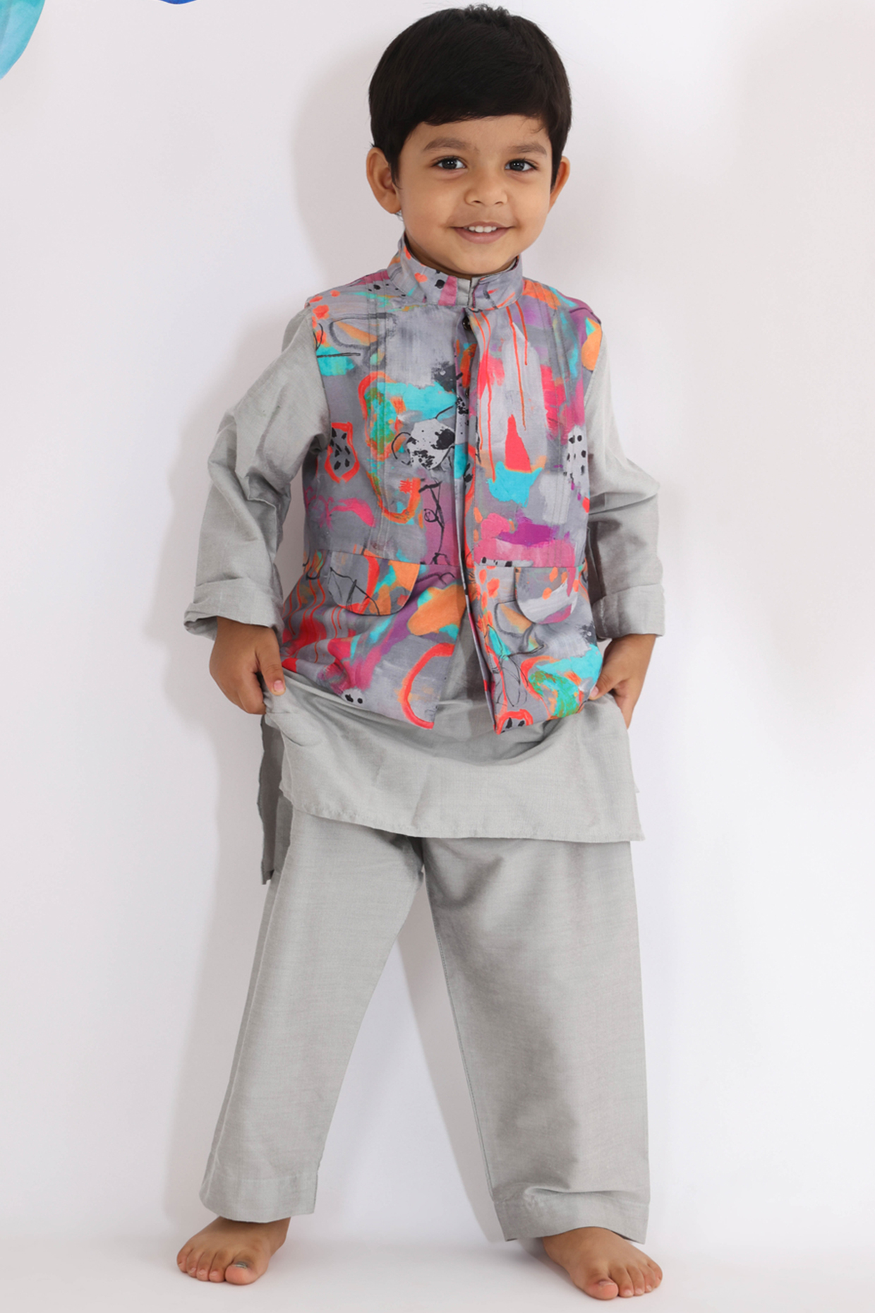 Grey Silk Printed Nehru Jacket Set For Boys by La Dee Da at Pernia's Pop Up Shop