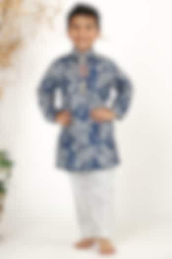 Blue Muslin Floral Printed & Pearl Embroidered Kurta Set For Boys by La Dee Da at Pernia's Pop Up Shop