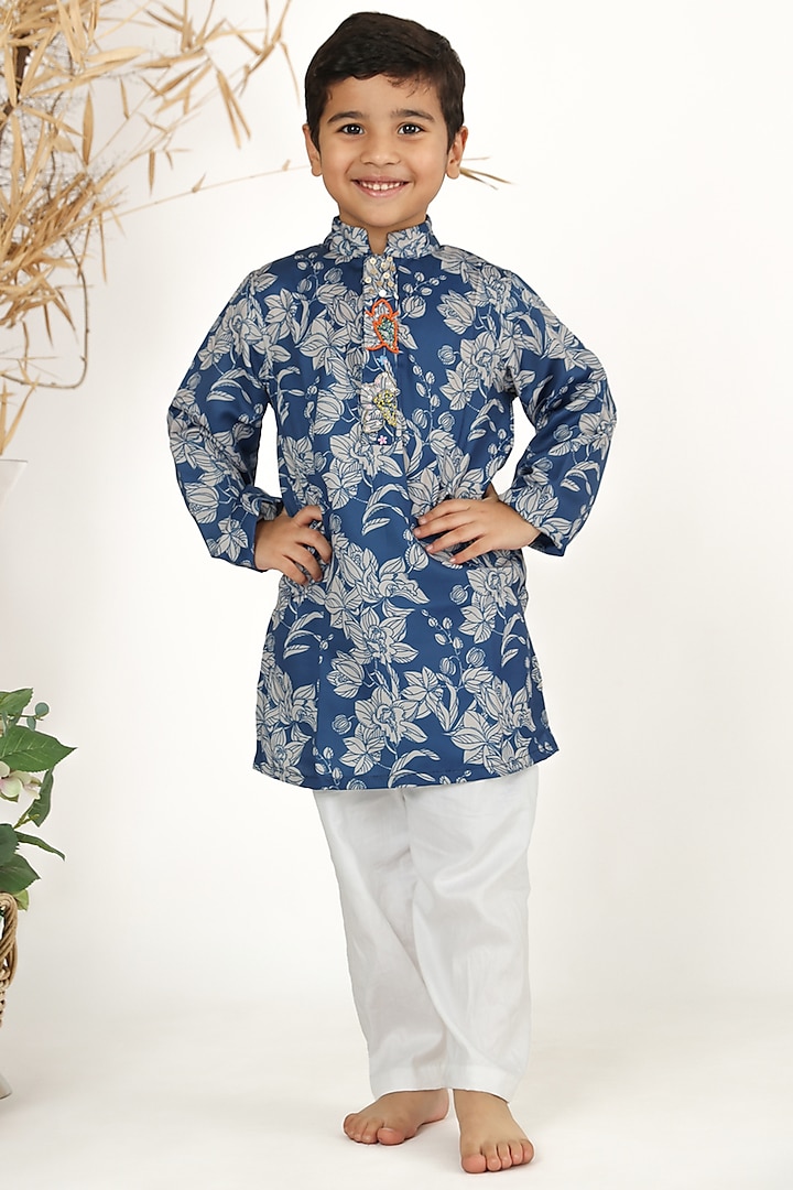 Blue Muslin Floral Printed & Pearl Embroidered Kurta Set For Boys by La Dee Da at Pernia's Pop Up Shop