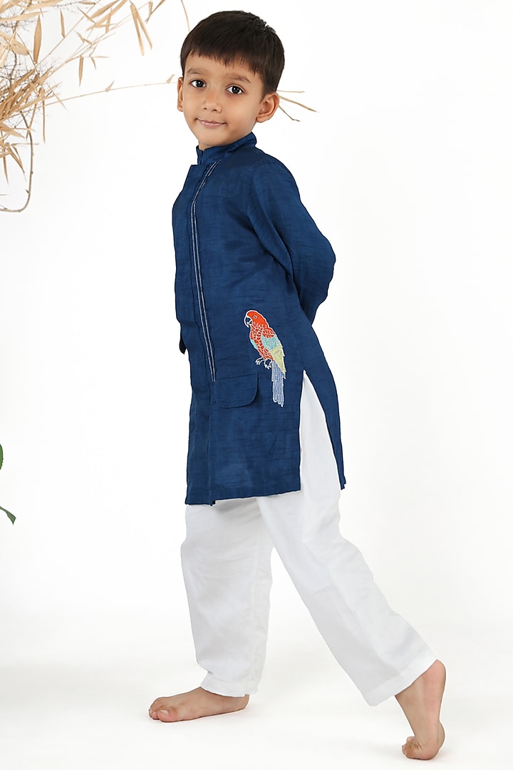 Blue Silk Embroidered Achkan-Style Kurta Set For Boys by La Dee Da
