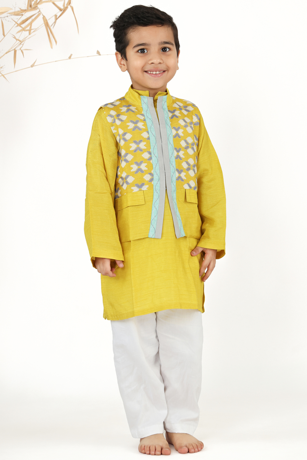Yellow Silk Printed Nehru Jacket Set For Boys by La Dee Da at Pernia's Pop Up Shop