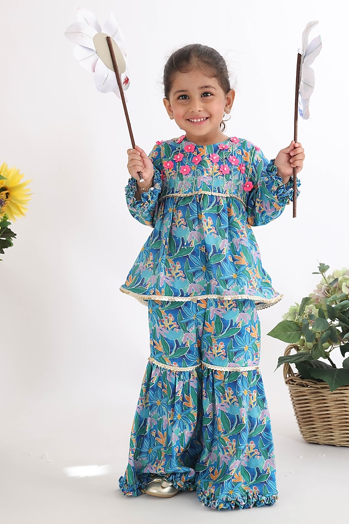 Blue Muslin Floral Printed Sharara Set For Girls by La Dee Da