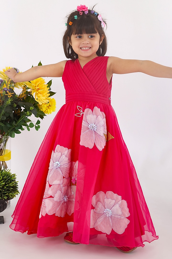 Pink Organza 3D Floral Cutwork Embroidered Gown For Girls by La Dee Da