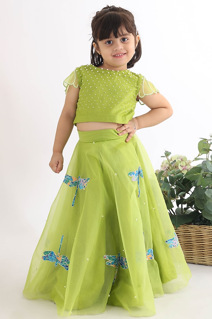 Green Bemberg Silk Cutwork Embellished Lehenga Set For Girls by La Dee Da