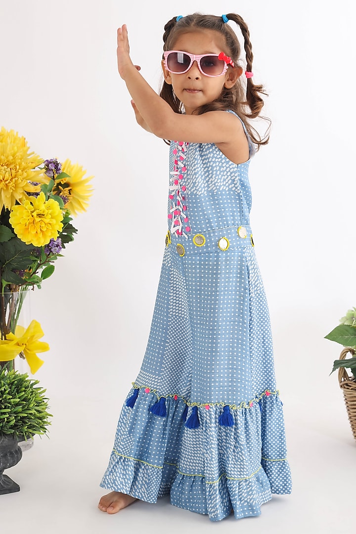 Blue Silk Printed & Tassels Embroidered Jumpsuit For Girls by La Dee Da