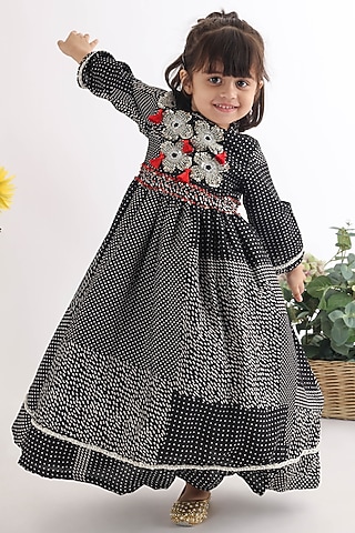 Black Silk Printed & Tassels Embroidered Anarkali by La Dee Da