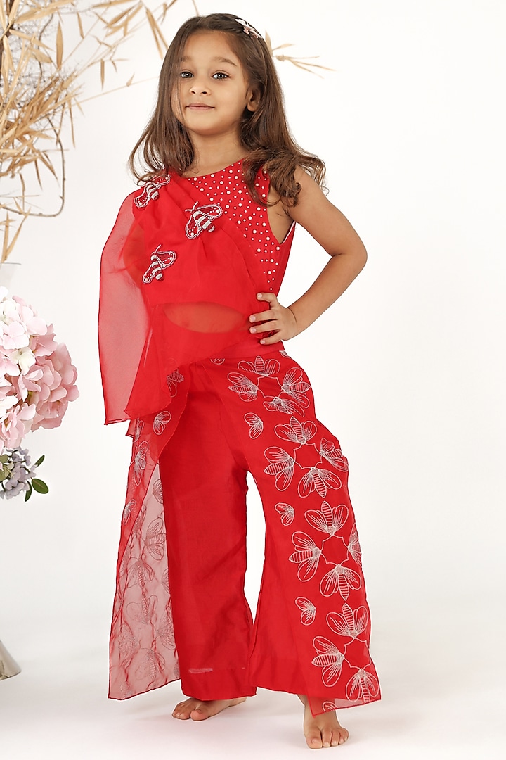 Red Silk & Organza Applique Hand Embroidered Palazzo Pant Set For Girls by La Dee Da