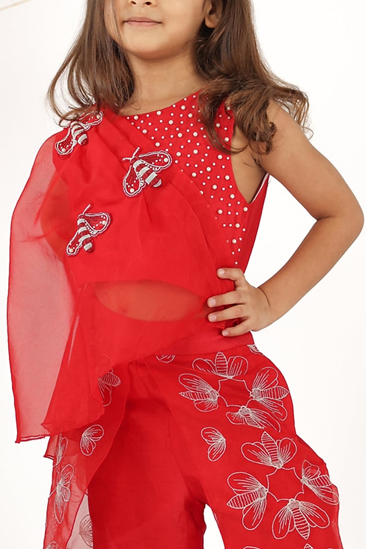 Red Silk & Organza Applique Hand Embroidered Palazzo Pant Set For Girls by La Dee Da at Pernia's Pop Up Shop