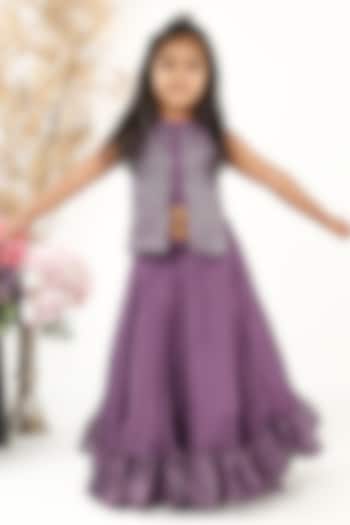 Purple Silk & Organza Pearl Embellished Lehenga Set For Girls by La Dee Da