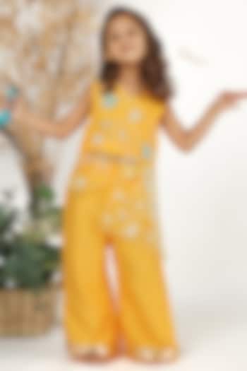 Yellow Silk Pearl & Thread Embroidered Palazzo Pant Set For Girls by La Dee Da