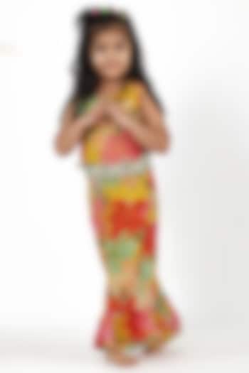 Yellow Silk & Organza Floral Printed Jumpsuit For Girls by La Dee Da