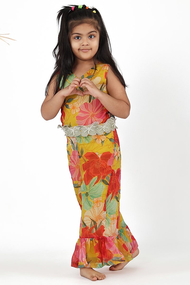 Yellow Silk & Organza Floral Printed Jumpsuit For Girls by La Dee Da