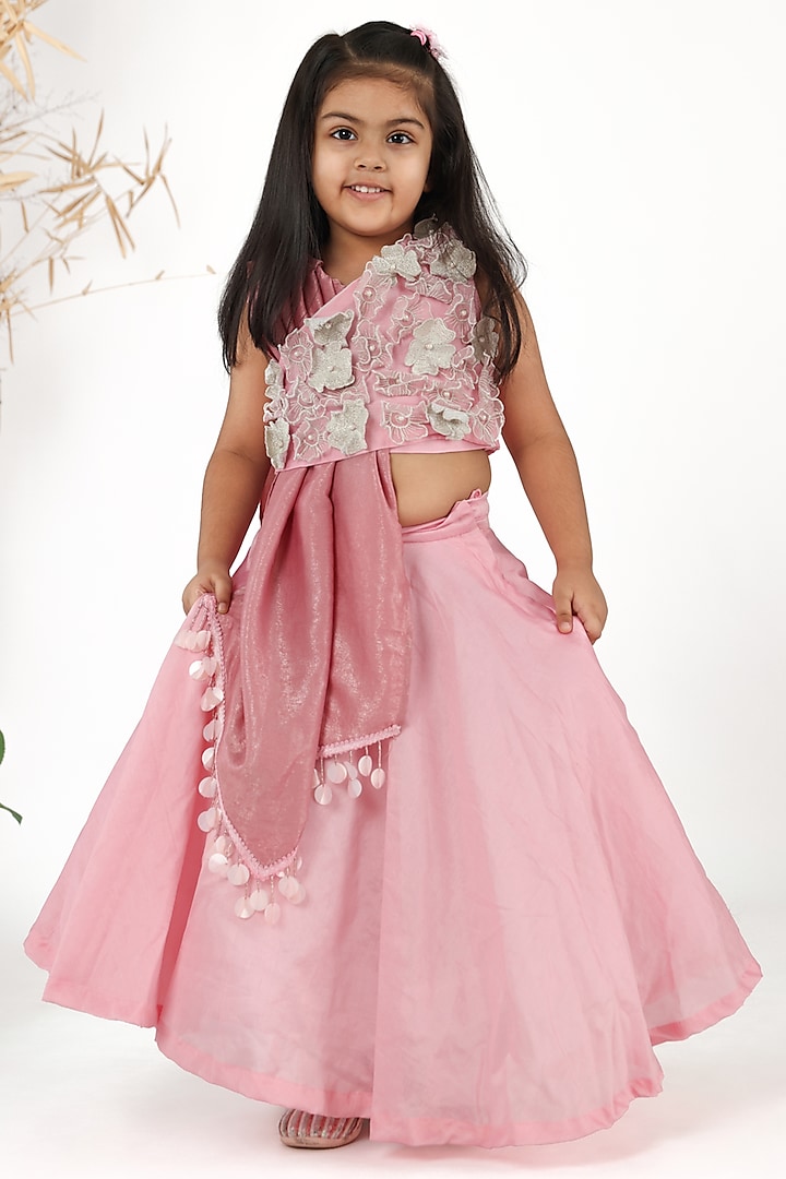 Pink Silk Floral Cutwork & Pearl Embellished Lehenga Set For Girls by La Dee Da