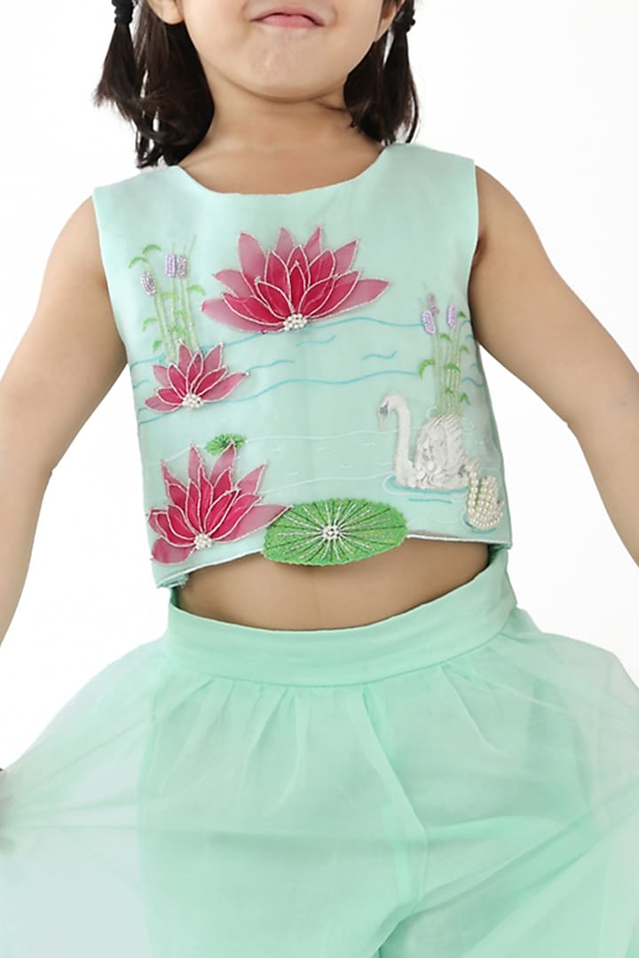 Mint Green Silk & Organza Hand Embroidered Palazzo Pant Set For Girls by La Dee Da at Pernia's Pop Up Shop
