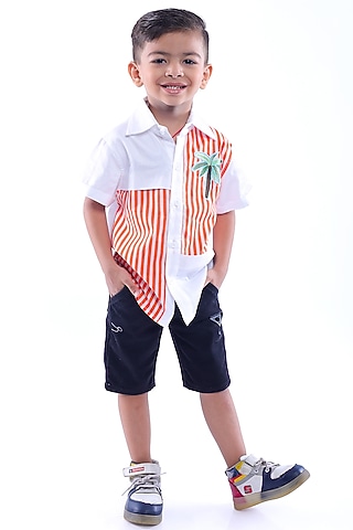White & Orange Cotton Blend Embroidered Shirt For Boys by La Dee Da