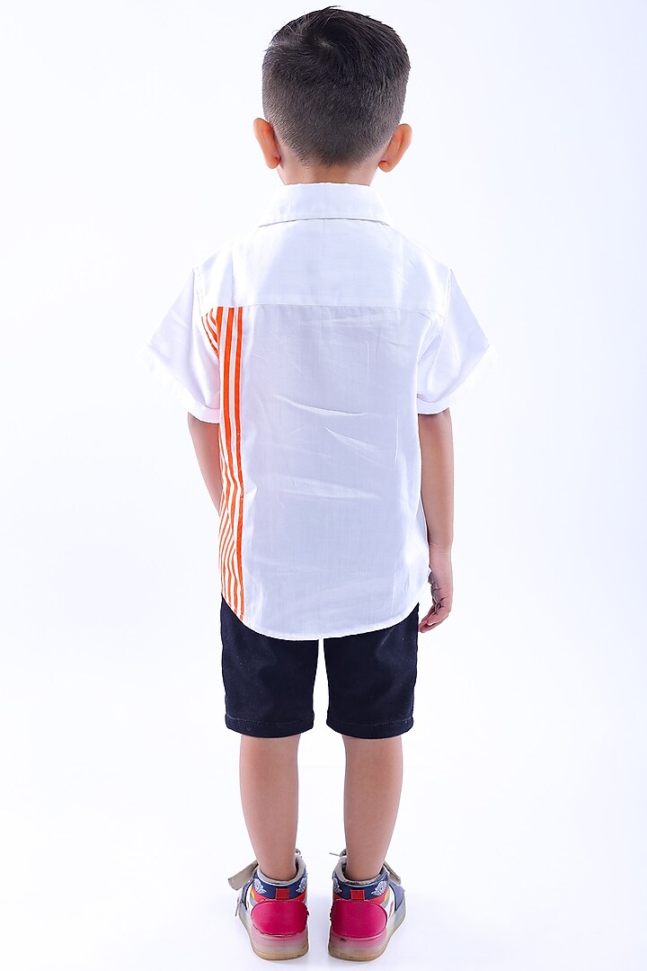 White & Orange Cotton Blend Embroidered Shirt For Boys by La Dee Da at Pernia's Pop Up Shop
