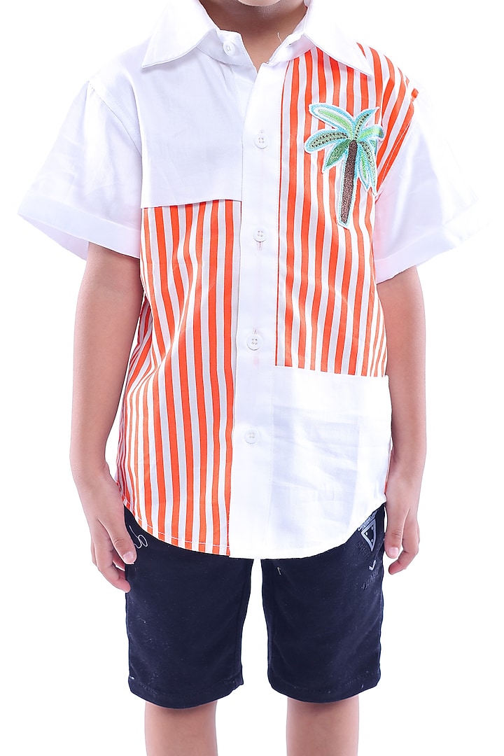 White & Orange Cotton Blend Embroidered Shirt For Boys by La Dee Da at Pernia's Pop Up Shop