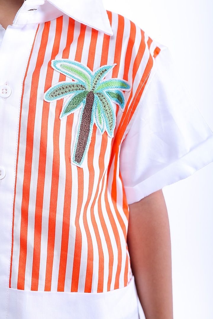 White & Orange Cotton Blend Embroidered Shirt For Boys by La Dee Da at Pernia's Pop Up Shop