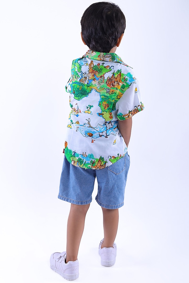 White Cotton Blend Printed Shirt For Boys by La Dee Da at Pernia's Pop Up Shop