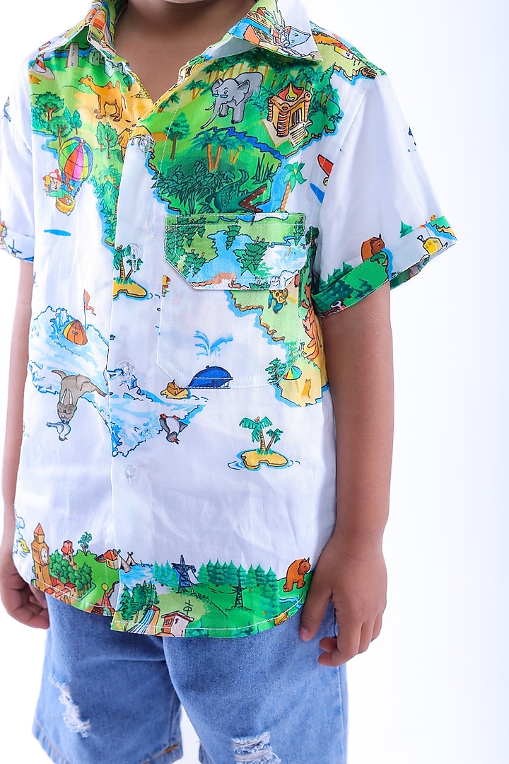 White Cotton Blend Printed Shirt For Boys by La Dee Da at Pernia's Pop Up Shop