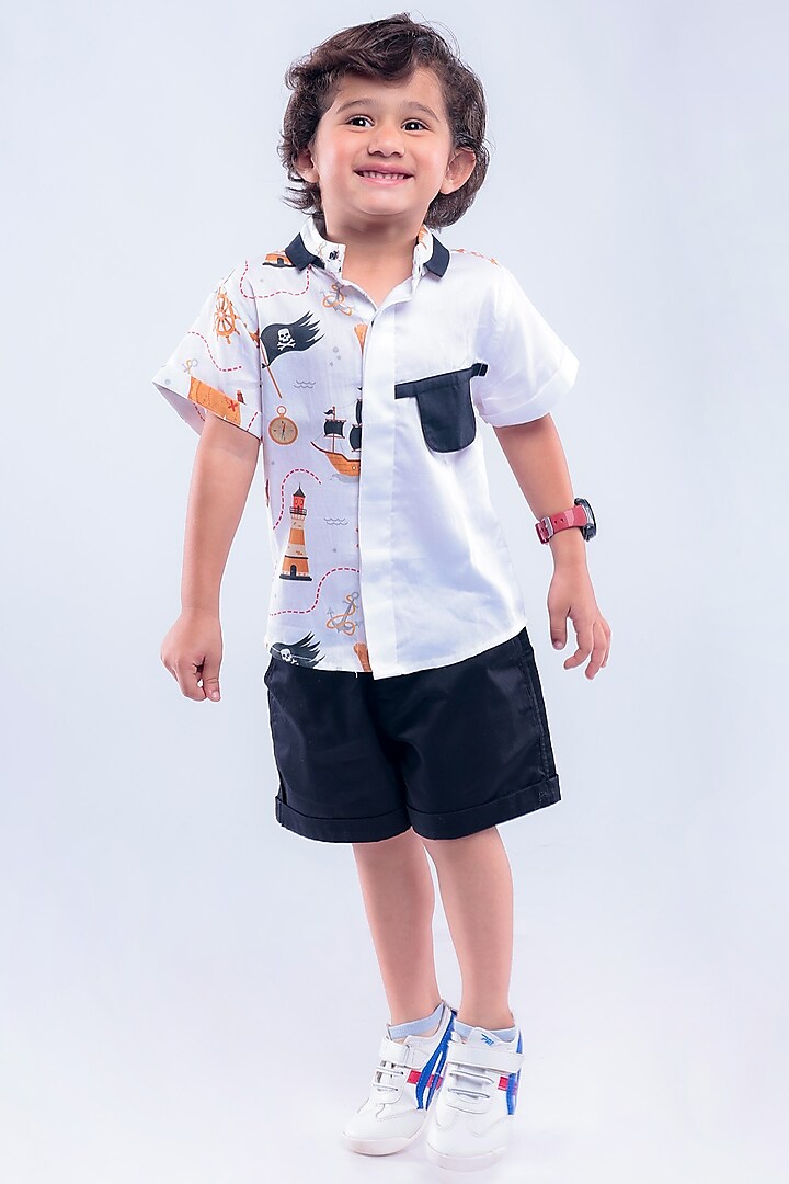 White Cotton Blend Printed Co-Ord Set For Boys by La Dee Da at Pernia's Pop Up Shop