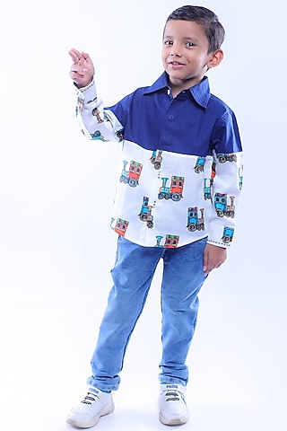 Blue Cotton Blend Printed Shirt For Boys by La Dee Da