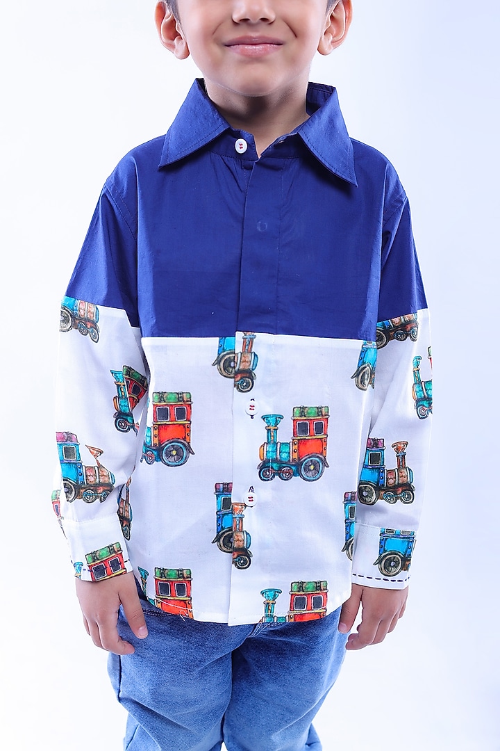 Blue Cotton Blend Printed Shirt For Boys by La Dee Da at Pernia's Pop Up Shop
