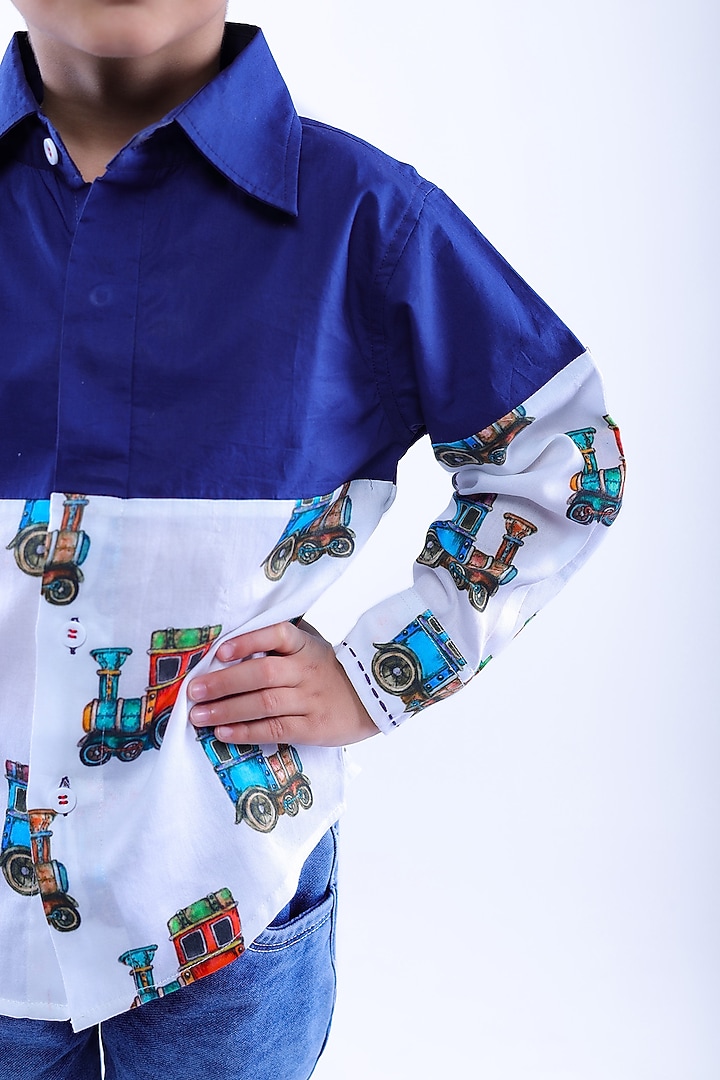 Blue Cotton Blend Printed Shirt For Boys by La Dee Da at Pernia's Pop Up Shop