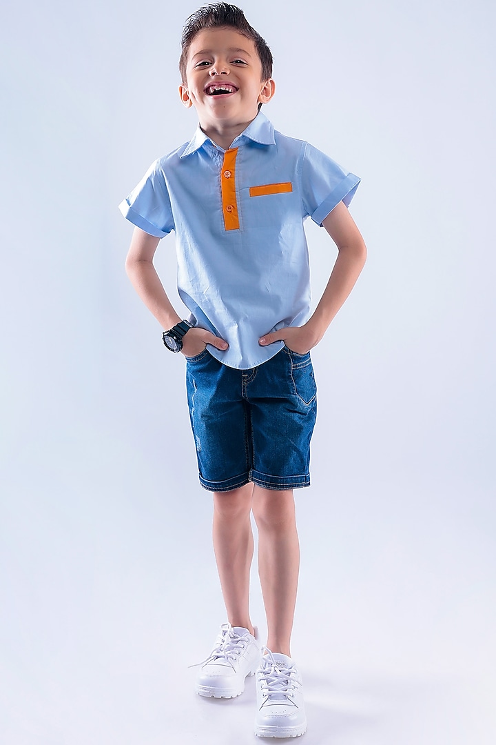 Blue Cotton Blend Embroidered Shirt For Boys by La Dee Da at Pernia's Pop Up Shop