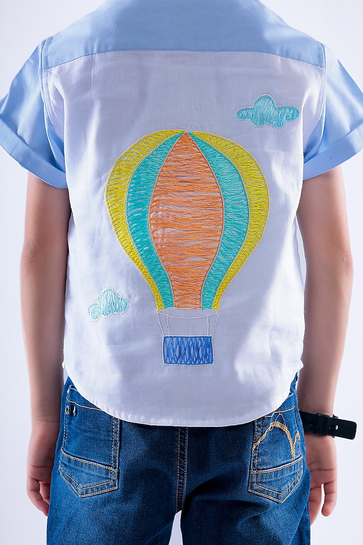 Blue Cotton Blend Embroidered Shirt For Boys by La Dee Da at Pernia's Pop Up Shop