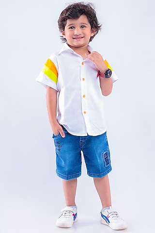 White Cotton Blend Striped Printed Shirt For Boys by La Dee Da