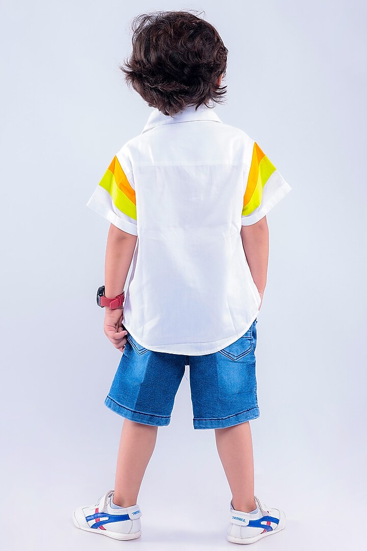 White Cotton Blend Striped Printed Shirt For Boys by La Dee Da at Pernia's Pop Up Shop