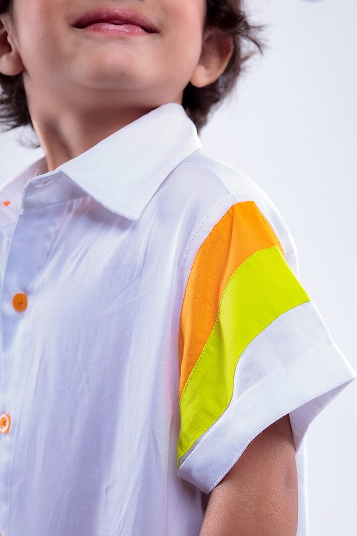 White Cotton Blend Striped Printed Shirt For Boys by La Dee Da at Pernia's Pop Up Shop