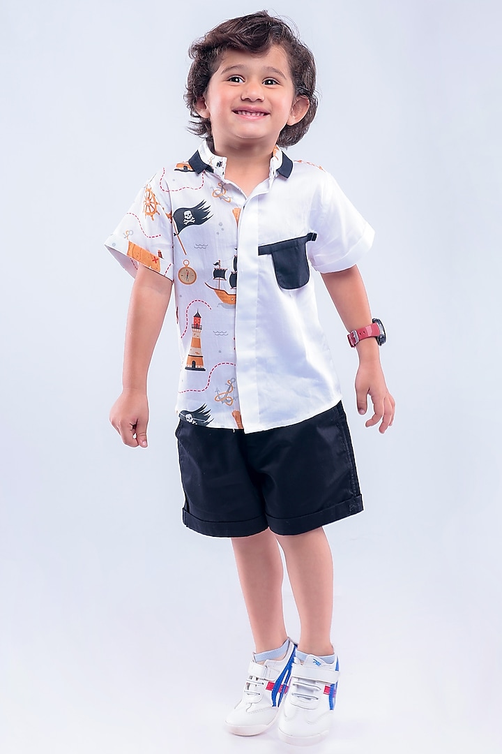 White Cotton Blend Printed Shirt For Boys by La Dee Da at Pernia's Pop Up Shop