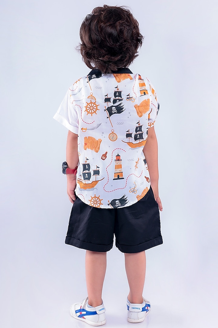 White Cotton Blend Printed Shirt For Boys by La Dee Da at Pernia's Pop Up Shop