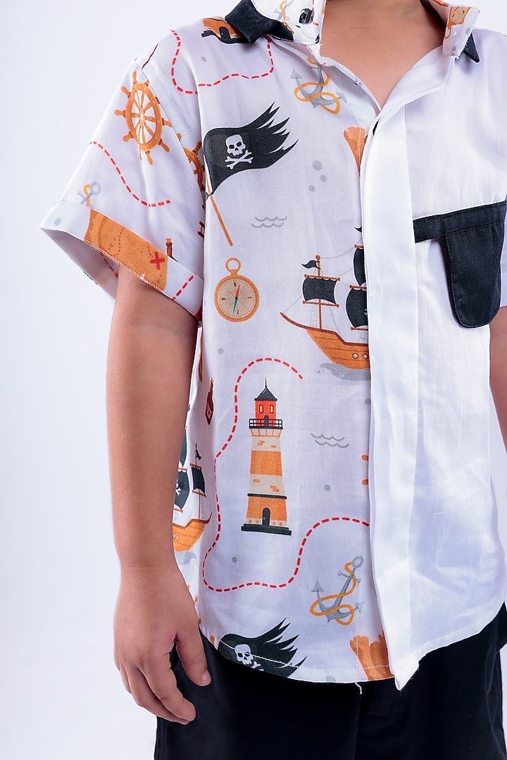 White Cotton Blend Printed Shirt For Boys by La Dee Da at Pernia's Pop Up Shop