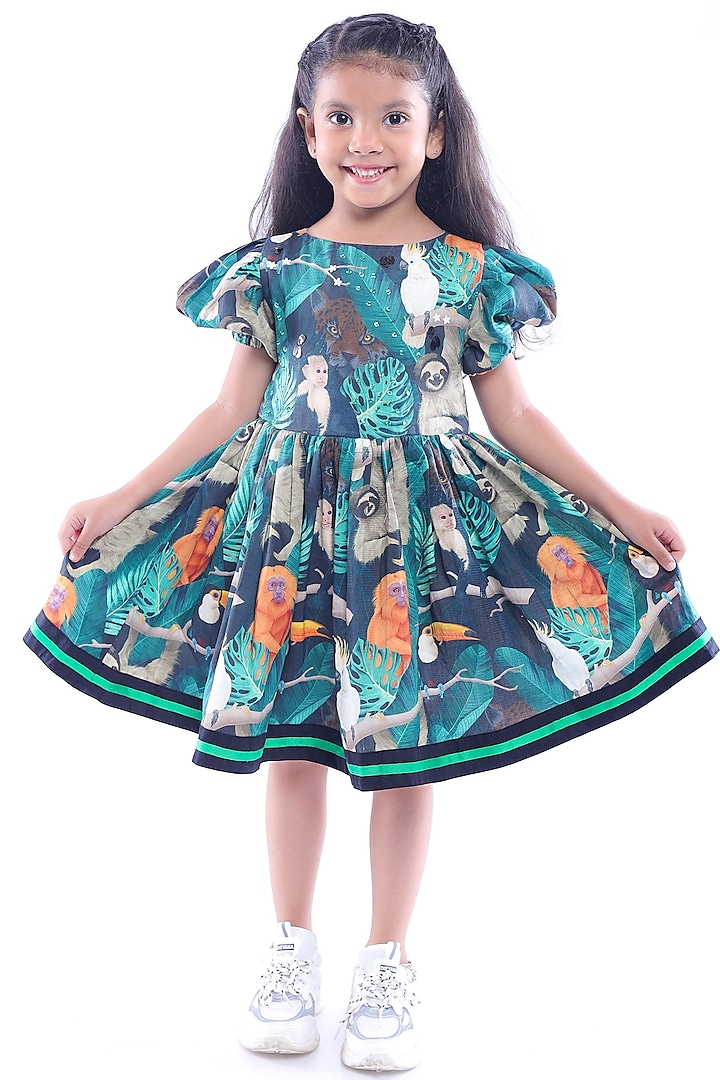 Green Cotton Blend Printed & Sequins Embroidered Dress For Girls by La Dee Da at Pernia's Pop Up Shop