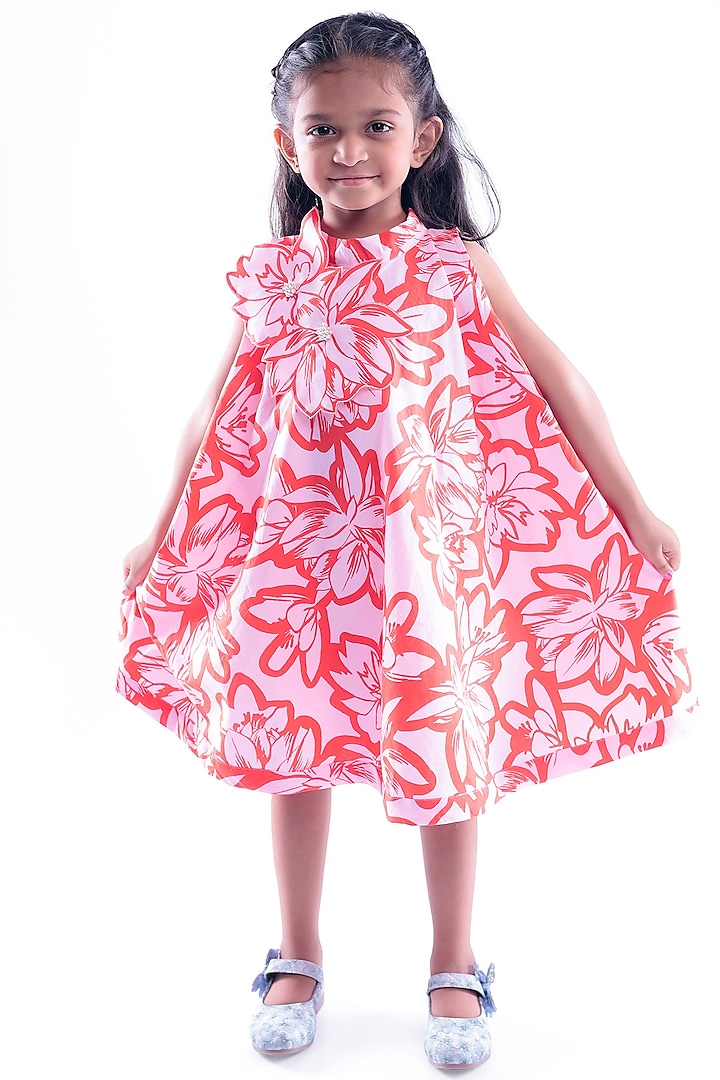 Pink Cotton Blend Floral Printed Dress For Girls by La Dee Da at Pernia's Pop Up Shop