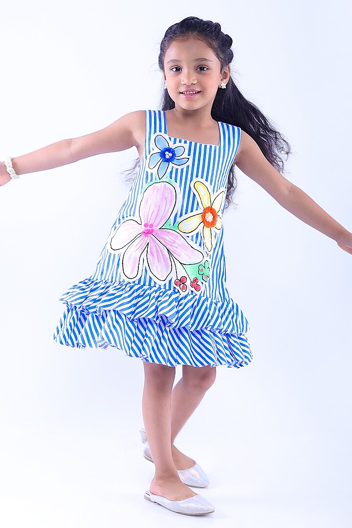 Blue Cotton Blend Stripe Printed For Girls by La Dee Da at Pernia's Pop Up Shop